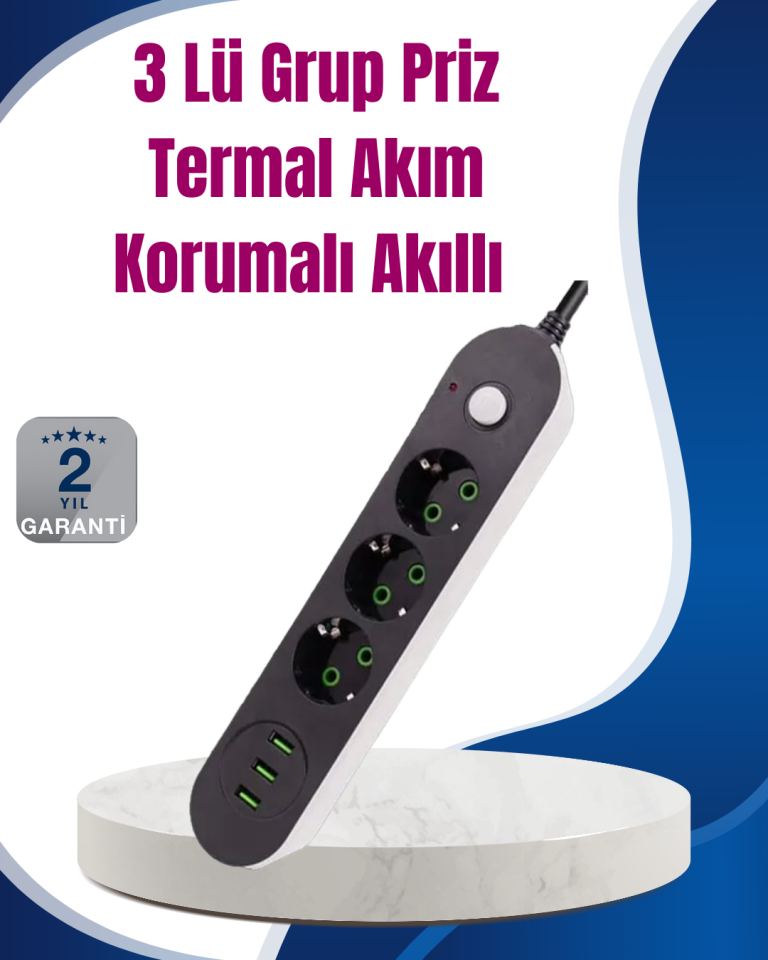 3 USB Çıkışlı Hızlı Şarjlı Anahtarlı Üçlü Priz - Lisinya