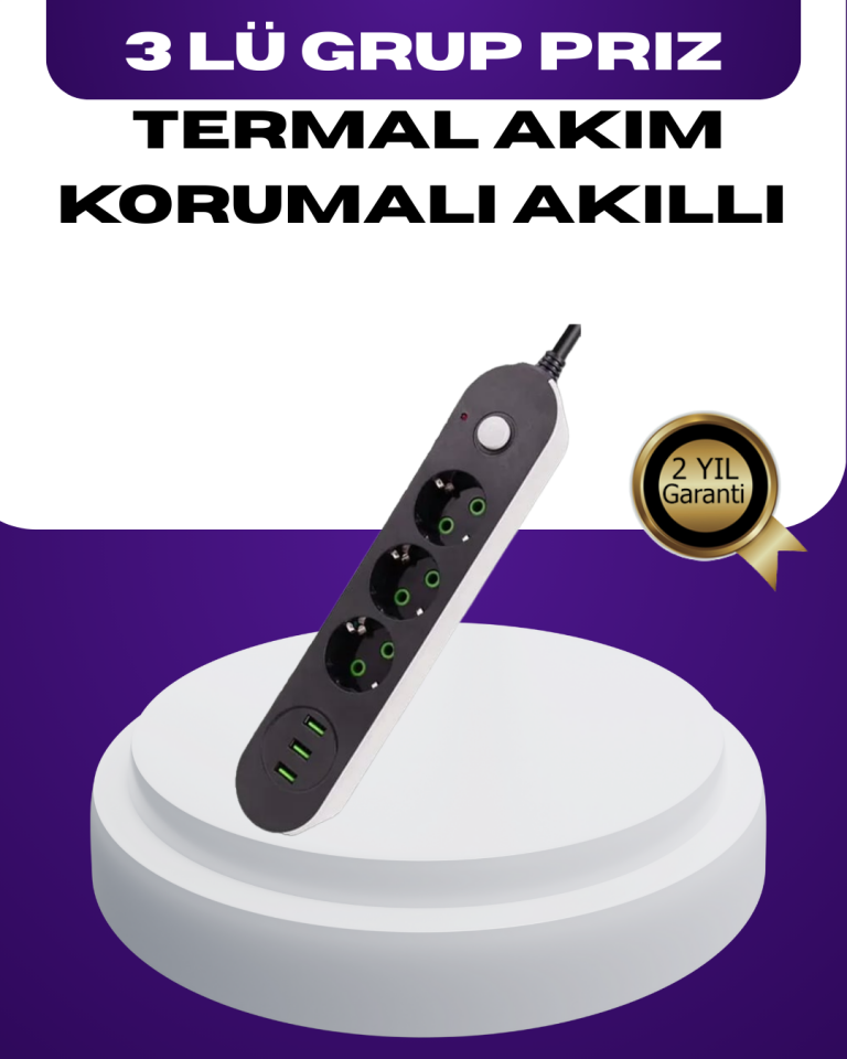 USB Yuvalı Anahtarlı Üçlü Priz 2 Metre Kablolu - Lisinya