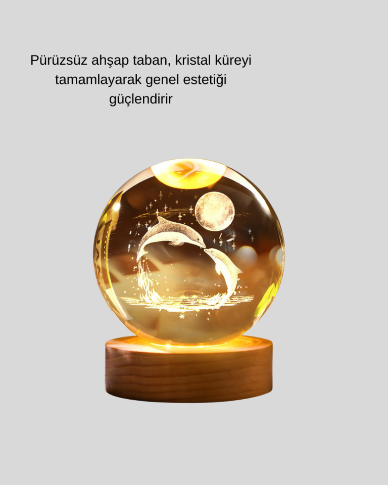 Yunus Temalı Kristal Küre USB Işıklı Ahşap Altlıklı Gece Lambası - Lisinya