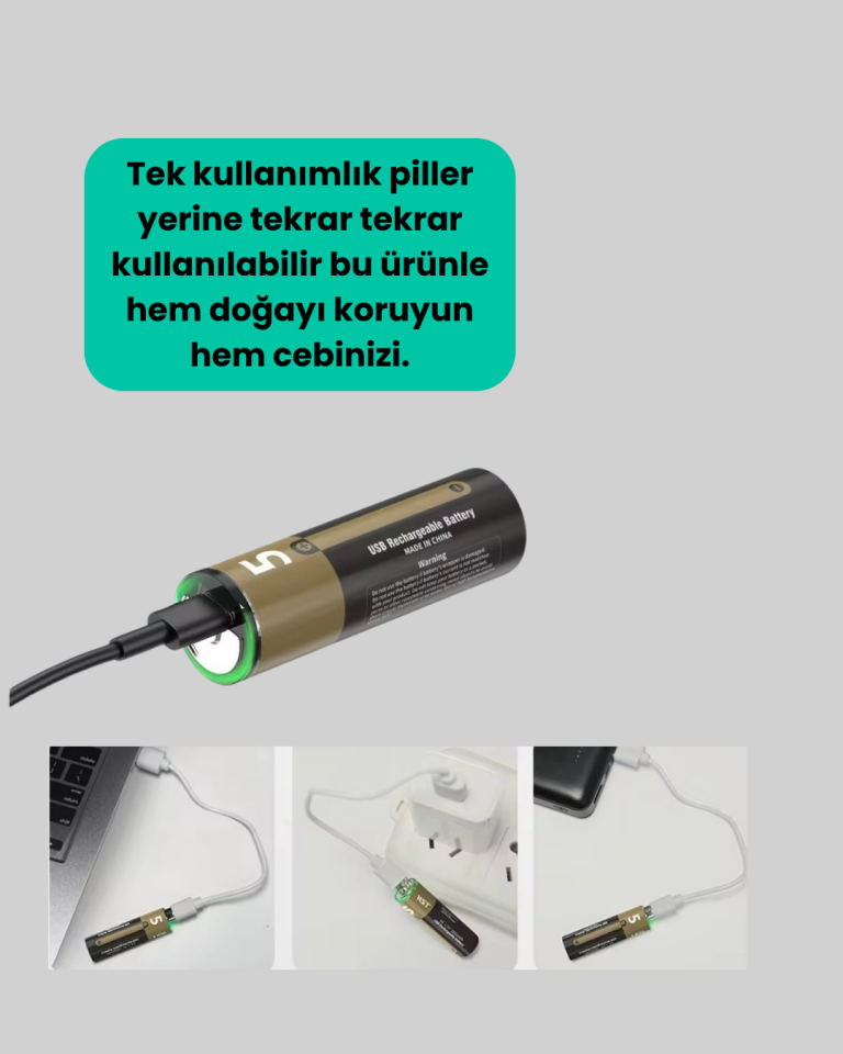USB Type-C ile Hızlı Şarj Edilebilen AA Lityum Pil - Lisinya