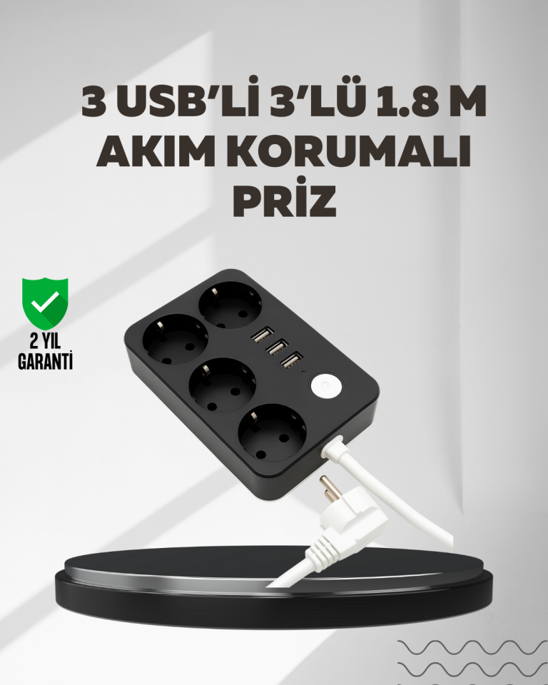 4.1A Hızlı Şarjlı Akım Korumalı 4 Priz ve 3 USB Çıkışlı Priz