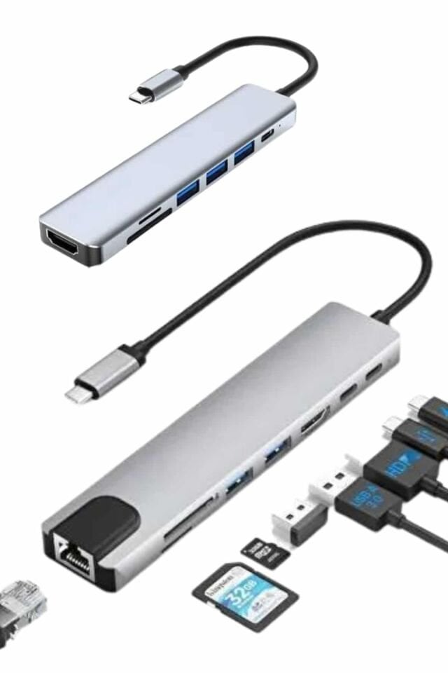 8 Port Çoklayıcı Macbook Ile Uyumlu Çoğaltıcı Type-C dönüştürücü TF SD kart - Lisinya