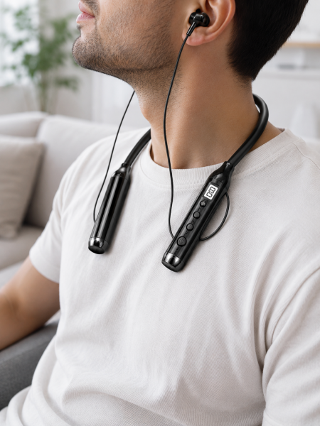 600 Saat Kullanım Süreli Boyun Tipi Bluetooth Kulaklık Mikrofonlu Dijital Göstergeli Kablosuz Kulak İçi Kulaklık