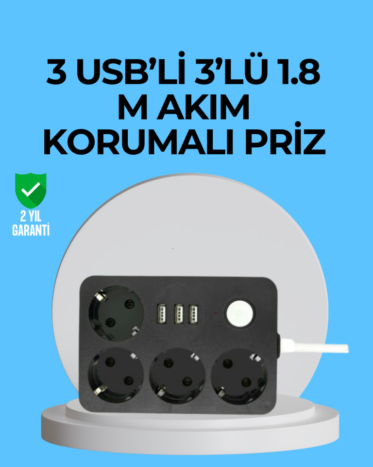 3 USB Çıkışlı 4’lü Akıllı Priz 2500W 2 Metre Kablo - Lisinya