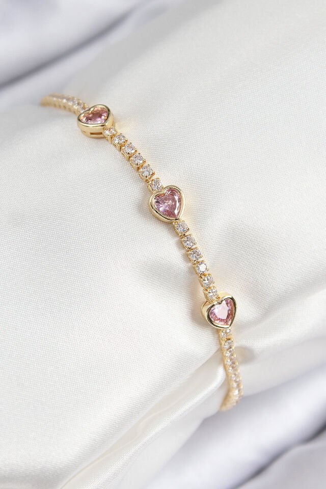 Pirinç Zirkon Taşlı Pembe Kalp Model Gold Renk Kadın Bileklik - Lisinya