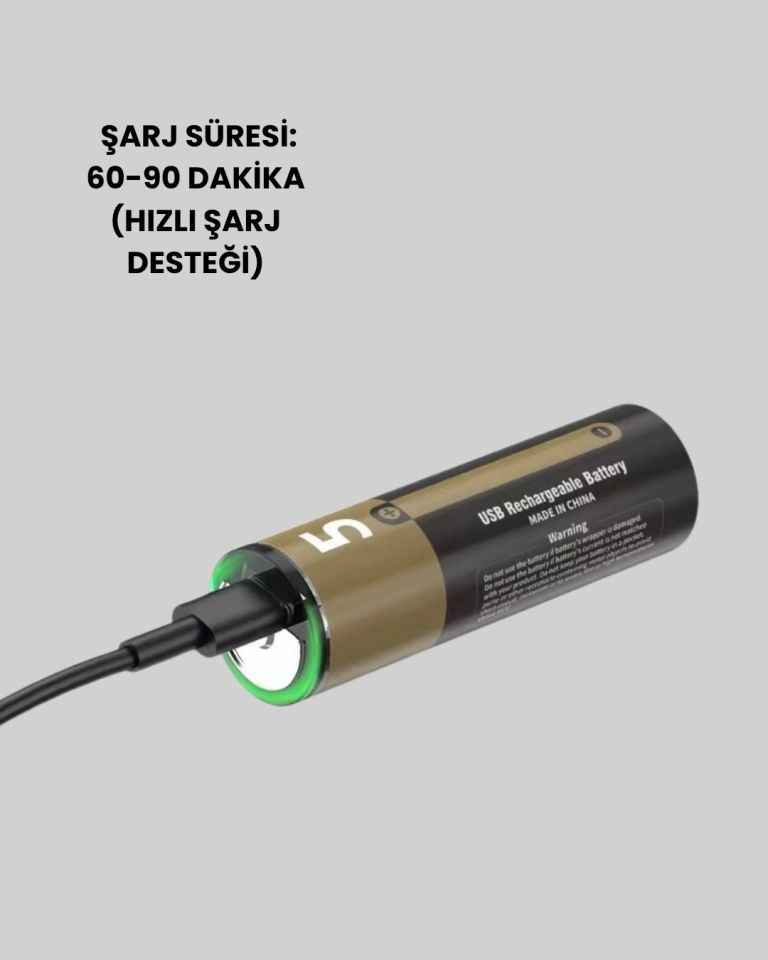 USB Type-C Girişli Şarjlı AA Lityum Pil | 1.5V Sabit Çıkış | 3200mWh (2'li Paket) - Lisinya