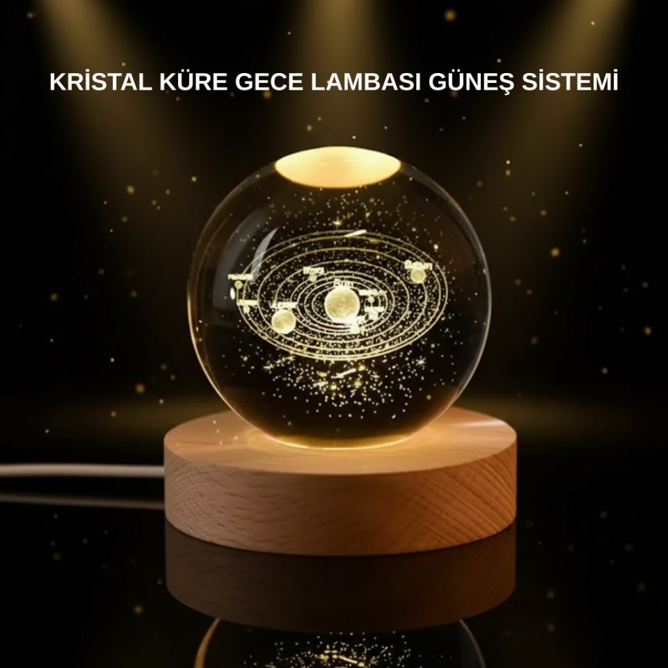 LED Işıklı Kristal Küre Ahşap Standlı Dekoratif Gezegen Model - Lisinya
