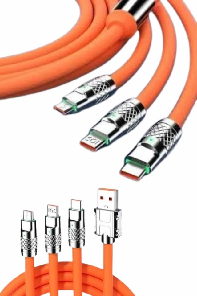 120W Silikon Metal Uçlu LED Işıklı 3 In1 Şarj Kablosu 1.2m - Lisinya