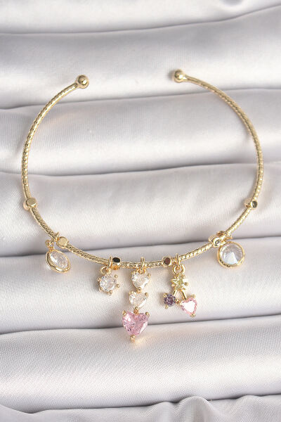 Pirinç Gold Renk Sallantı Zirkon Taşlı Kalp Figür Pembe Kalp Detay Charm Kadın Bileklik - Lisinya