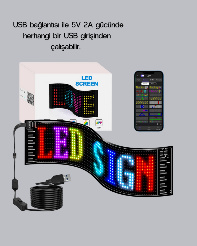 RGB LED Panel – USB Güç Girişli, GIF ve Yazı Gösterimli Akıllı Ekran - Lisinya