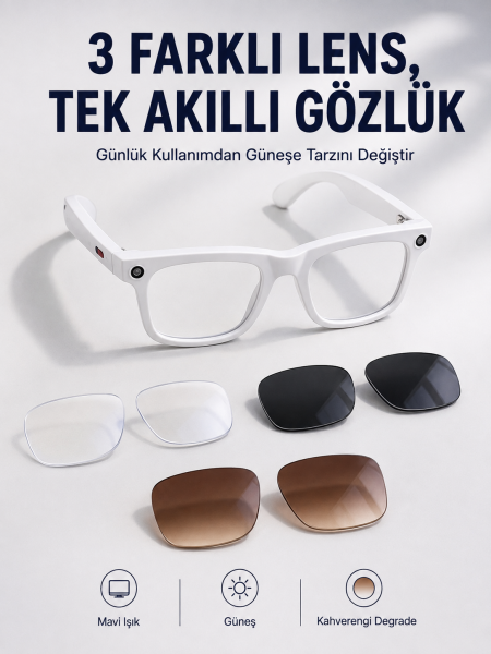 Yapay Zeka Destekli Akıllı Gözlük Dahili Kameralı Bluetooth Müzik ve Arama Özellikli Ses Kontrollü Değiştirilebilir Lensli