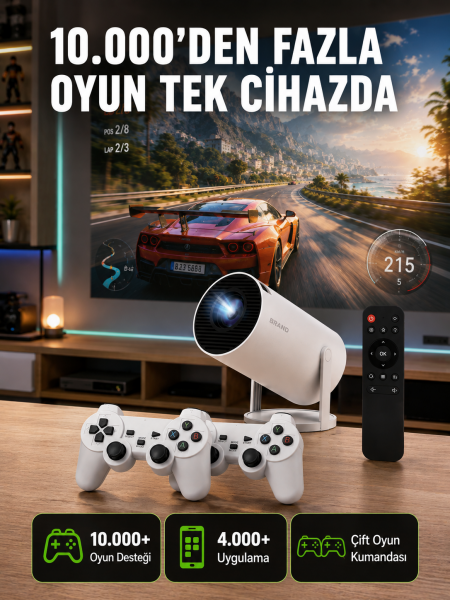 TÇift Kollu Tasarımlı Kablosuz Projeksiyon – 4K, 10.000 Oyun ve Smart App Desteği Yeni Nesil - Lisinya