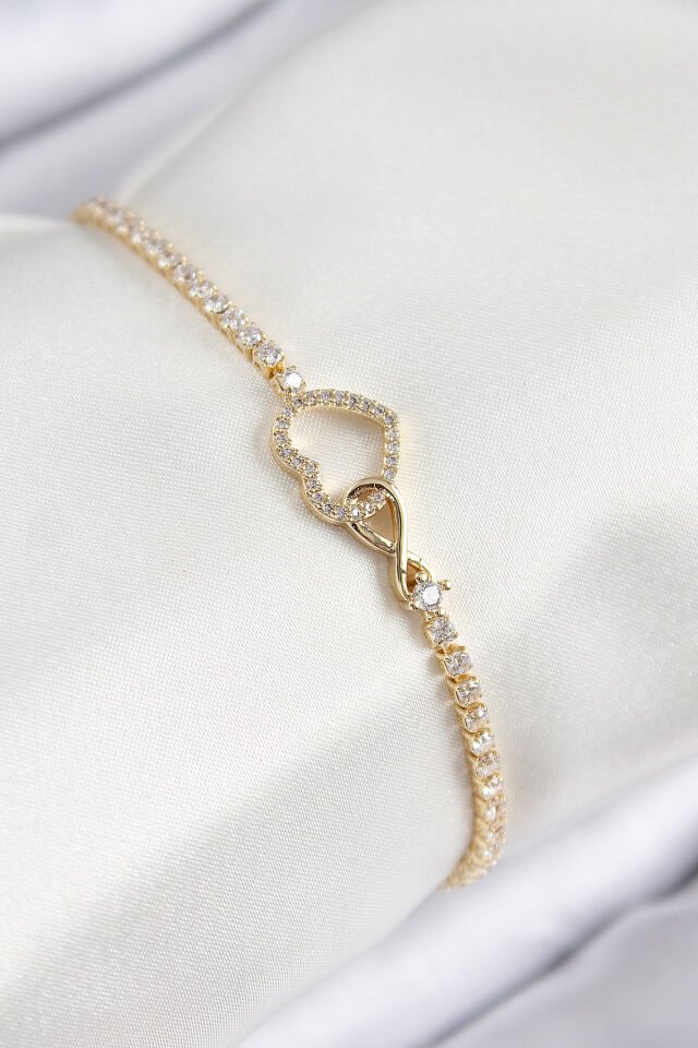Pirinç Zirkon Taşlı Sonsuzluk Kalp Model Gold Renk Kadın Bileklik - Lisinya