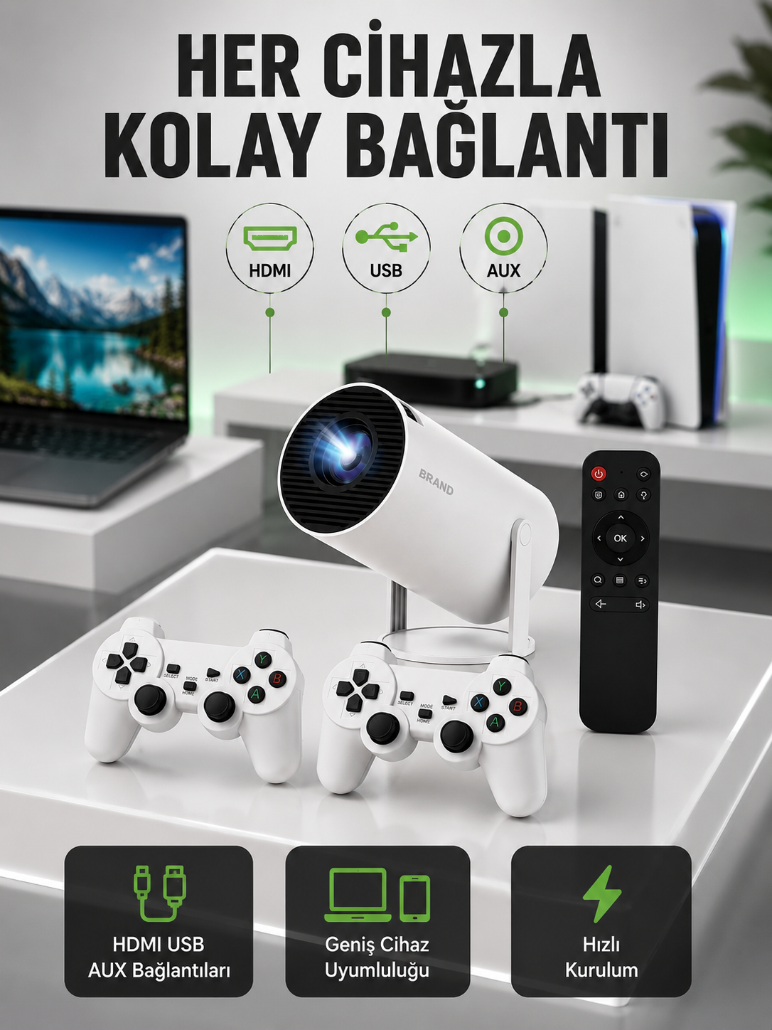 Portatif 4K Projeksiyon – 4.000 Uygulama, Kablosuz Yansıtma ve Bluetooth 5.0 Yeni Nesil - Lisinya