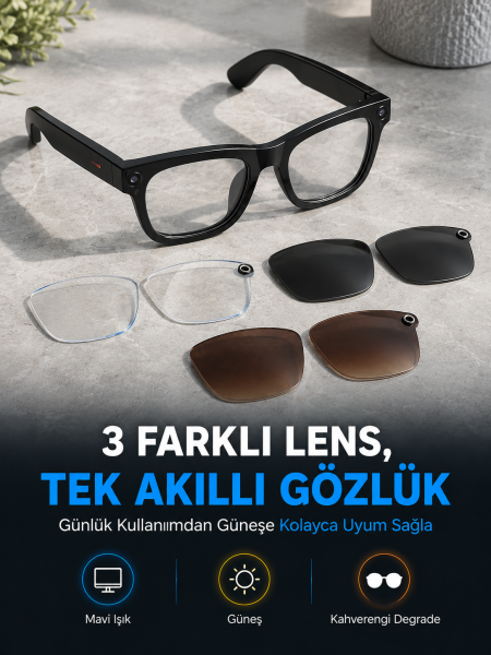 Siyah Akıllı Kamera Gözlüğü Fotoğraf Video Çekimli Bluetooth Aramalı AI Destekli 3 Değiştirilebilir Lensli