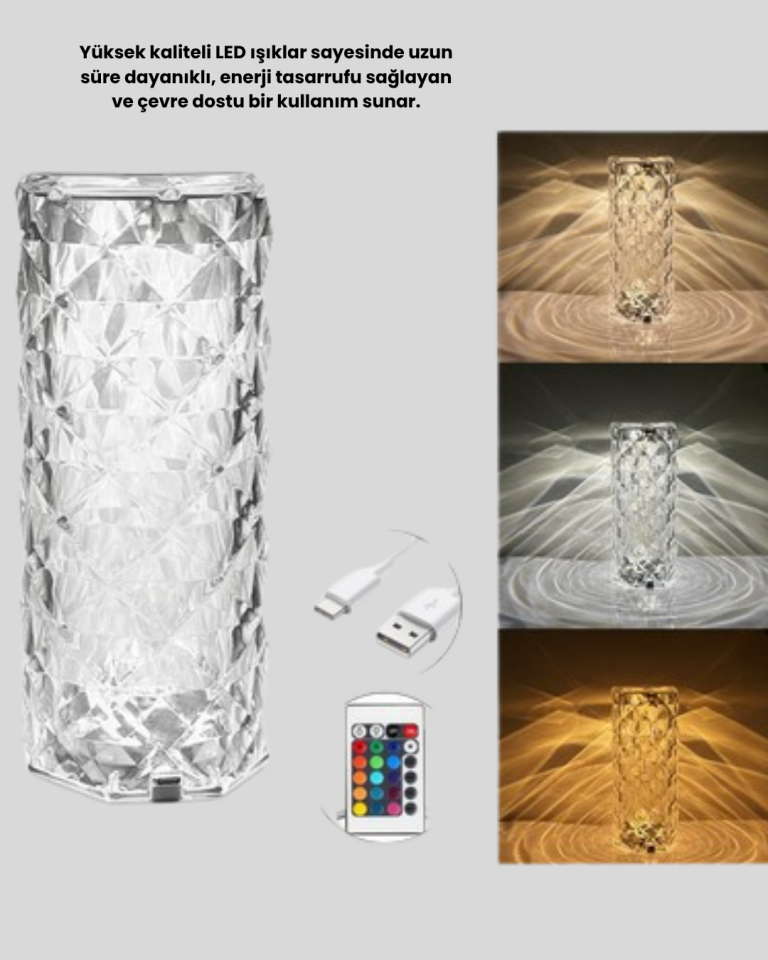 YamanHobi Kristal RGB LED Gece Lambası 16 Renk Kumandalı Dekoratif Masa Lambası