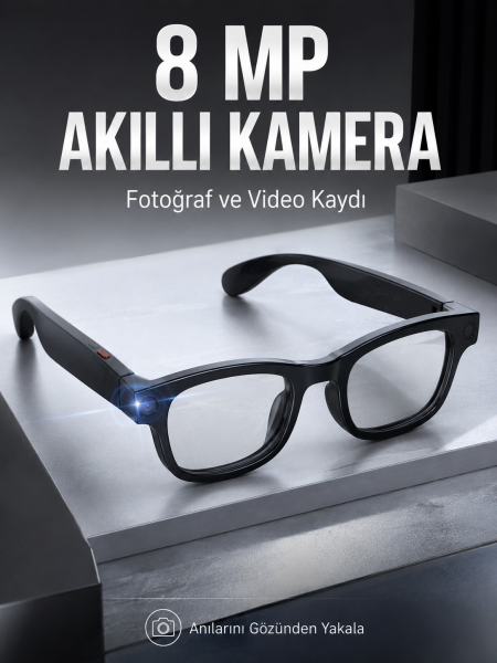Siyah Bluetooth Akıllı Kamera Gözlüğü 8 MP Kameralı AI Çeviri Wi-Fi Fotoğraf Video Müzik Arama ve Dokunmatik Kontrollü