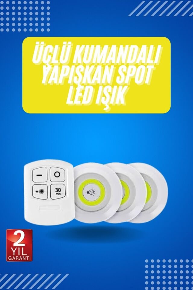Yapışkanlı 3'lü Spot Led Işık Lamba Montajsız Pilli Uzaktan Kumandalı - Lisinya