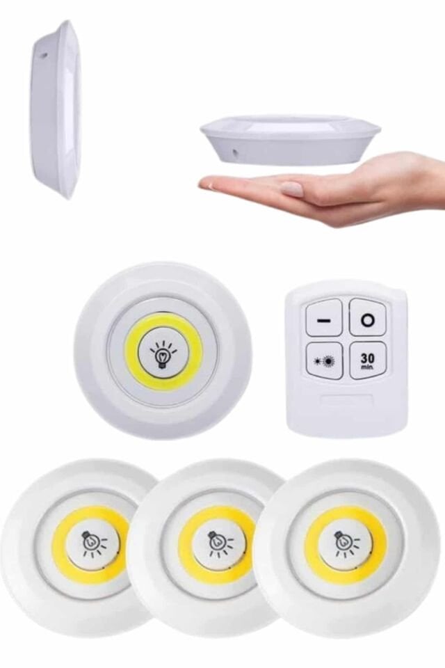 Yapışkanlı 3'lü Spot Led Işık Lamba Montajsız Pilli Uzaktan Kumandalı - Lisinya