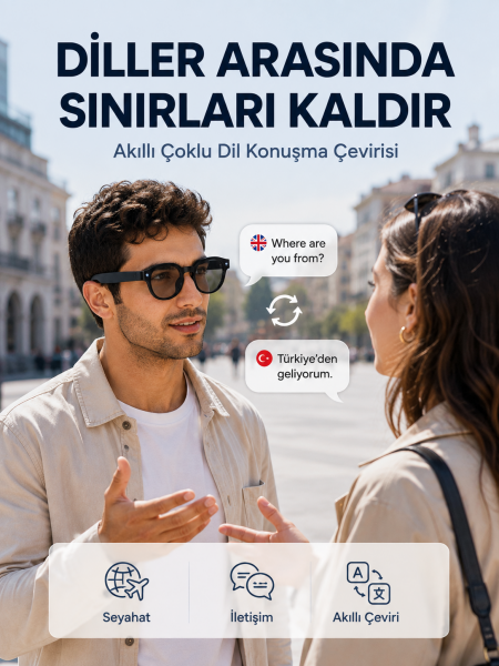 Siyah AI Akıllı Gözlük Fotoğraf Video Ses Kayıtlı Çoklu Dil Çeviri Bluetooth Bağlantılı 3 Lensli