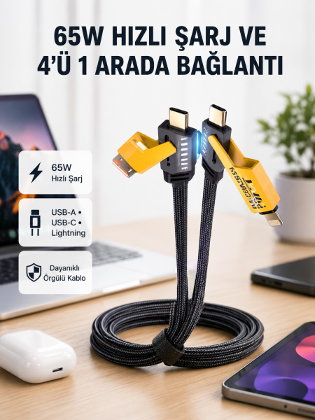 USB-C USB-A 4’ü 1 Arada Örgülü Kablo 65W Hızlı Şarj Metal Uç Dayanıklı - Lisinya