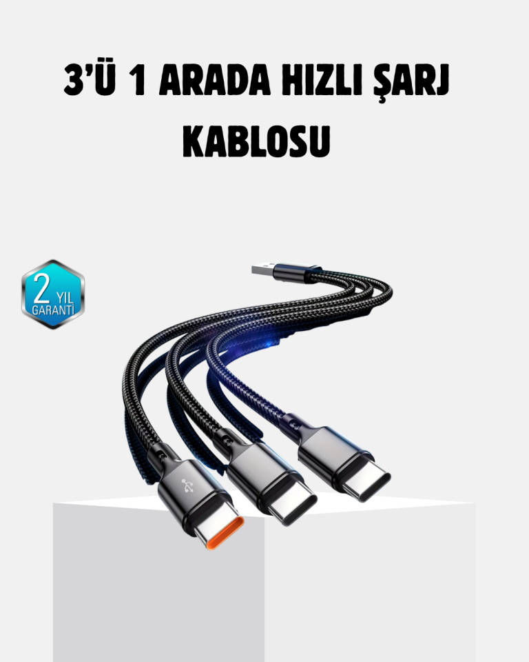 3 Başlıklı Hızlı Şarj Kablosu Metal Alaşımlı Dayanıklı ve Akıllı Çipli - Lisinya