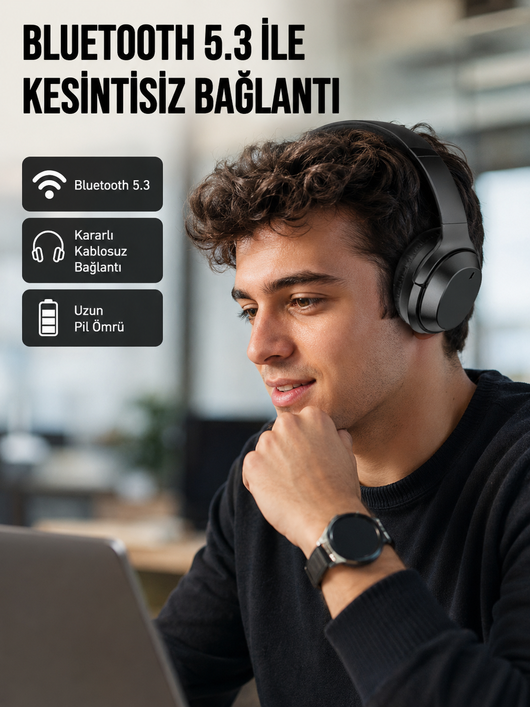 Siyah Kablosuz Bluetooth Kulaklık 300 mAh Hızlı Şarj Katlanabilir Pedli Yeni Nesil - Lisinya