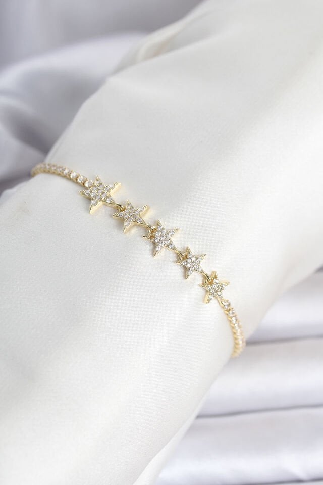Pirinç Gold Renk Sıralı Yıldız Model Su Yolu Kadın Bileklik - Lisinya