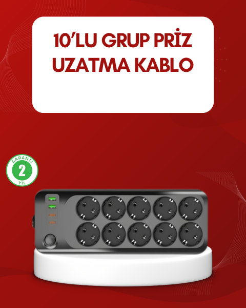 USB Type-C Destekli 10’lu Grup Priz Termal Korumalı 2m Kablo 2500W - Lisinya