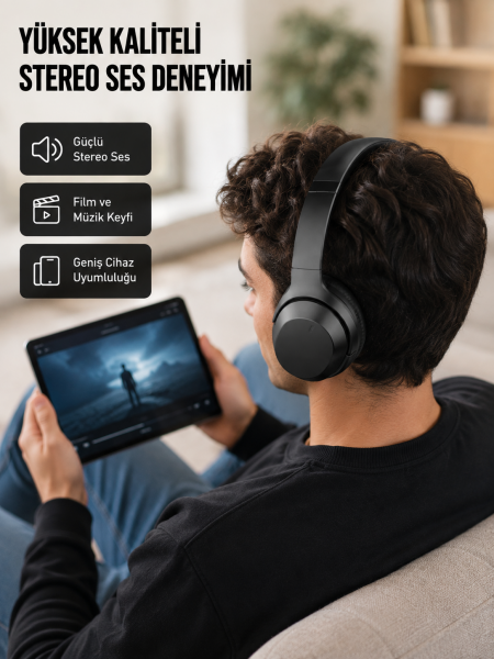 Bluetooth 5.0 Siyah Kablosuz Kulaklık 18 Saat Batarya Katlanabilir Tasarım Yeni Nesil - Lisinya