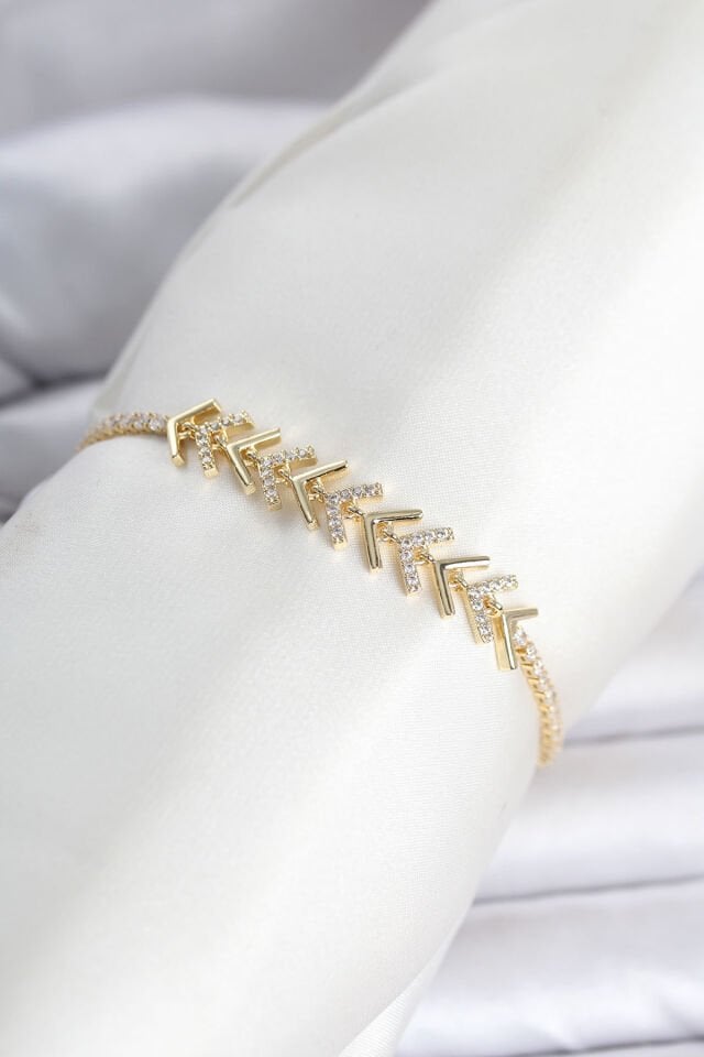 Pirinç Gold Renk Zirkon Taşlı Çavuş Model Su Yolu Kadın Bileklik - Lisinya