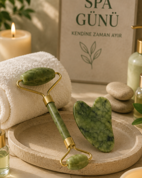 Jade Stone Yüz Bakım Seti Gua Sha ve Roller Masaj Taşı - Lisinya
