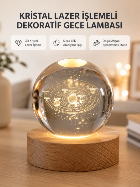 USB Bağlantılı Işıklı Kristal Küre Modern Ahşap Tabanlı Dekor - Lisinya