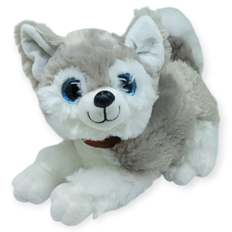 Sesli Peluş Yatan Köpek 25 cm - Gri (Lisinya)