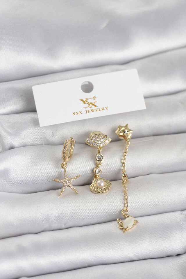 Pirinç Gold Renk Zirkon Taşlı Deniz Temalı 3'lü Kadın Küpe - Lisinya