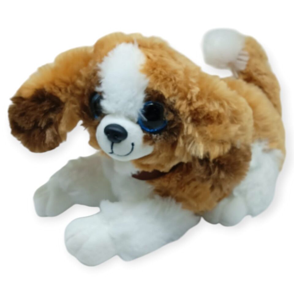 Sesli Peluş Yatan Köpek 25 cm - Kahve Beyaz (Lisinya)