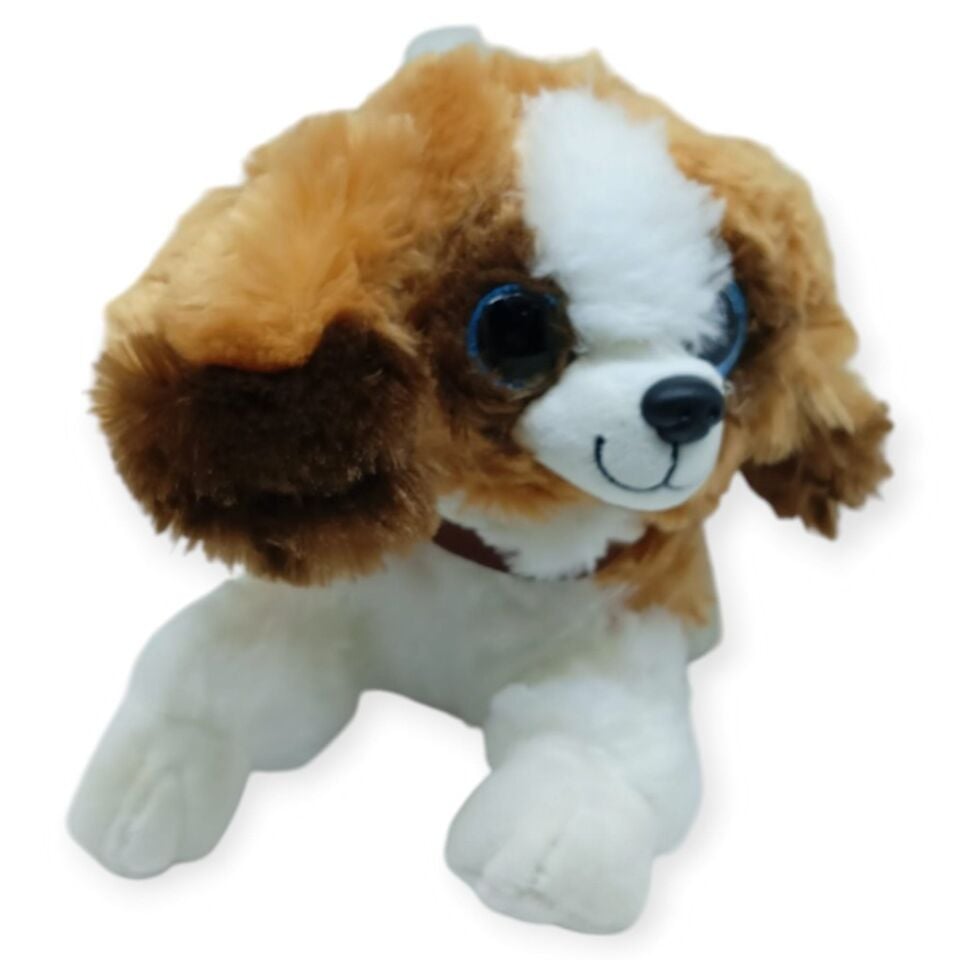Sesli Peluş Yatan Köpek 25 cm - Kahve Beyaz (Lisinya)