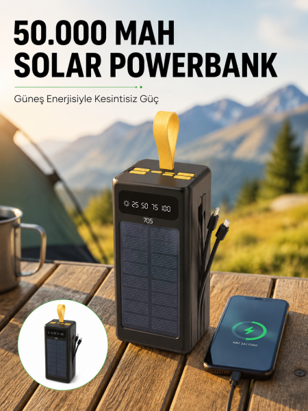 Güneş Enerjili Powerbank Dijital Göstergeli Taşınabilir Güç Kaynağı Yeni Nesil - Lisinya