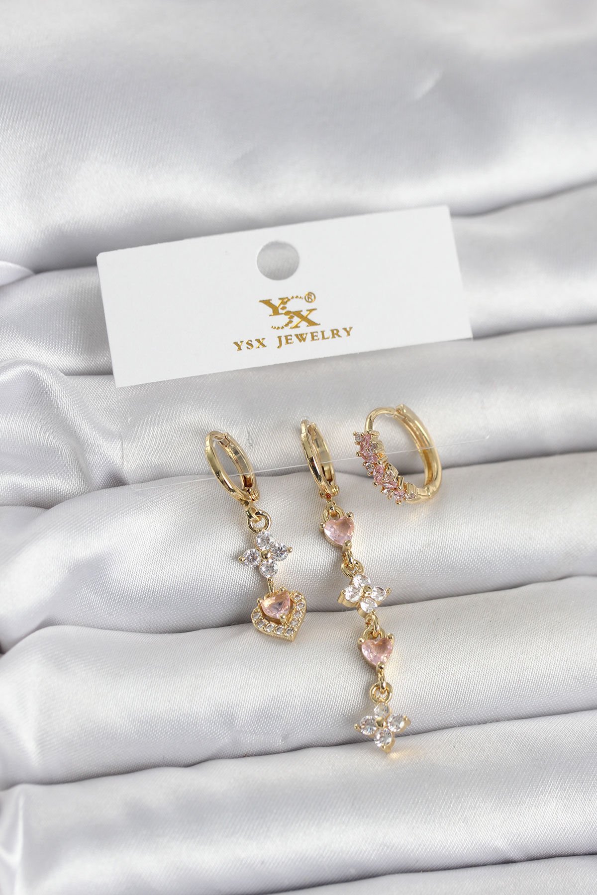 Pirinç Gold Renk Pembe Zirkon Taşlı 3'lü Kadın Küpe - Lisinya