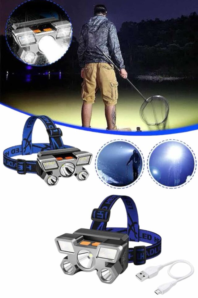 5 LED Far Şarj Edilebilir Güçlü Kafa Lambası Kamp Lambası 4 Modlu - Lisinya