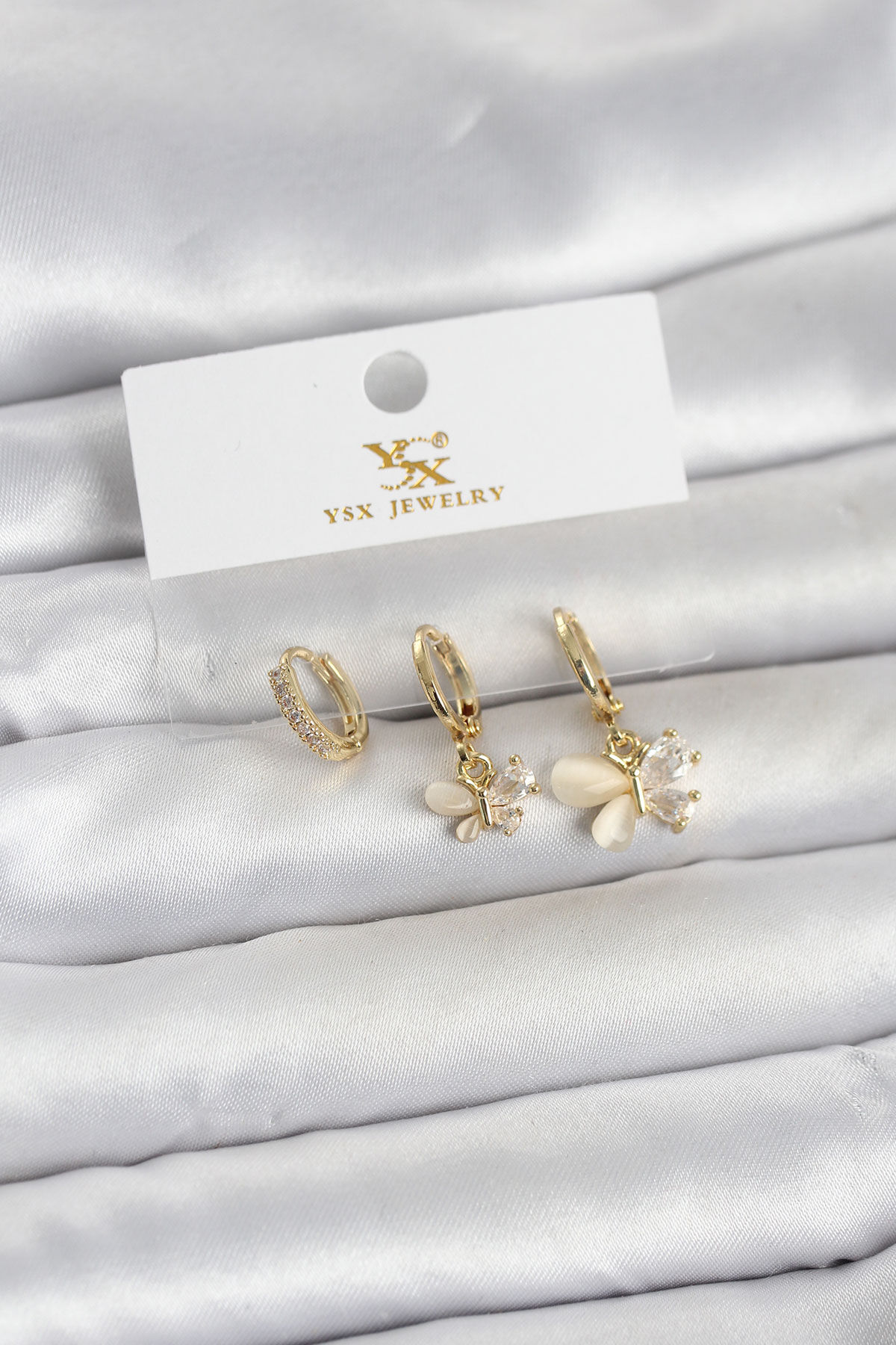 Pirinç Gold Renk Kelebek Model 3'lü Kadın Küpe - Lisinya