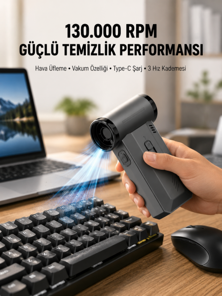 130000 RPM Çok Fonksiyonlu Şarjlı Hava Üfleme ve Vakum Temizlik Cihazı - Lisinya