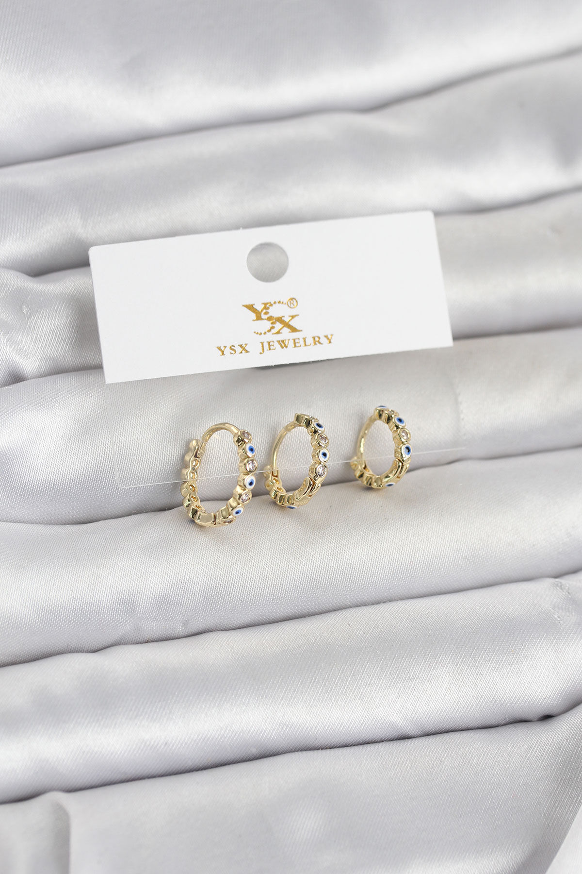Pirinç Gold Renk Nazarlı Model 3'lü Kadın Küpe - Lisinya