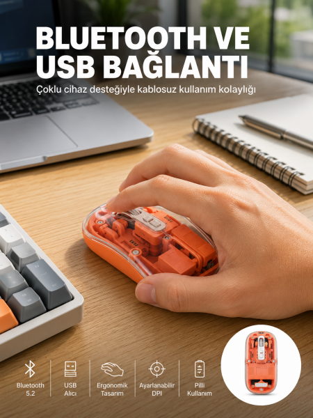 Kablosuz Bluetooth Mouse Şık ve Sessiz Ofis Tasarımı Yeni Nesil - Lisinya