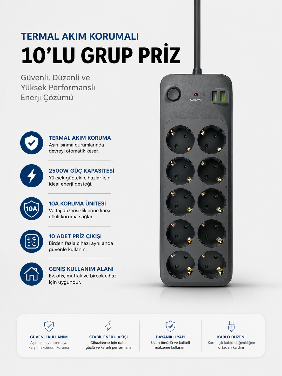 Termal Akım Korumalı USB Type-C Girişli 10'lu Grup Priz 2500W Güç Kapasitesi (Kopya) - Lisinya