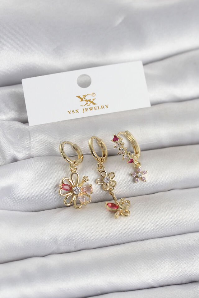 Pirinç Gold Renk Çiçek Model 3'lü Kadın Küpe - Lisinya