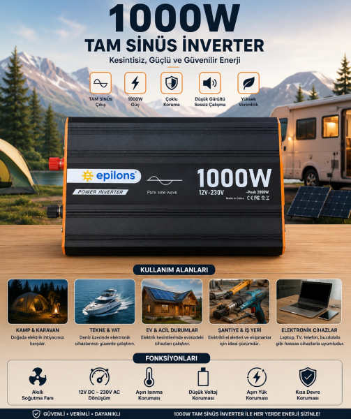 1000W Tam Sinüs İnverter 12V AC Çevirici | Sessiz Fanlı, USB Çıkışlı, Araç Karavan Tekne Solar Uyumlu Güç İnverteri ( Lisinya )