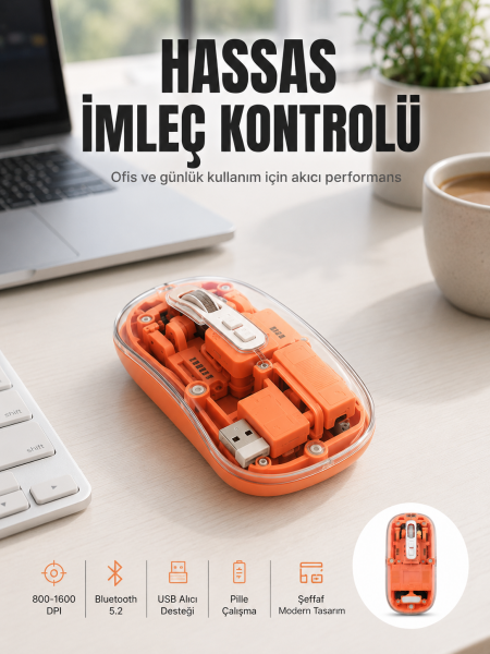 Bluetooth ve USB Destekli Kablosuz Şeffaf Mouse Sessiz Kullanım Yeni Nesil - Lisinya