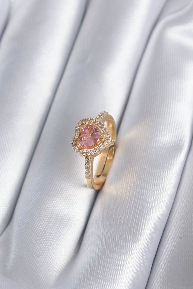 Pirinç Gold Renk Pembe Zirkon Taş Kalp Charm Model Kadın Yüzük - Lisinya