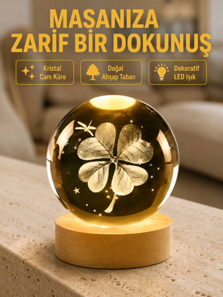 Bitki Temalı LED Işıklı Cam Küre Ahşap Standlı Modern Gece Lambası - Lisinya